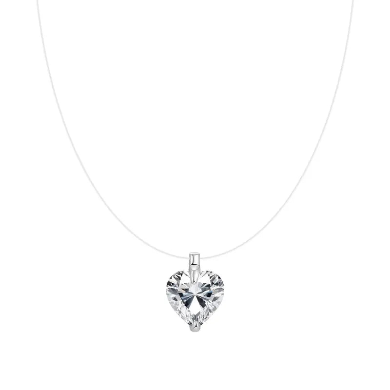 Women's Floating Cubic Zirconia Pendant Necklace on Invisible Transparent Cord