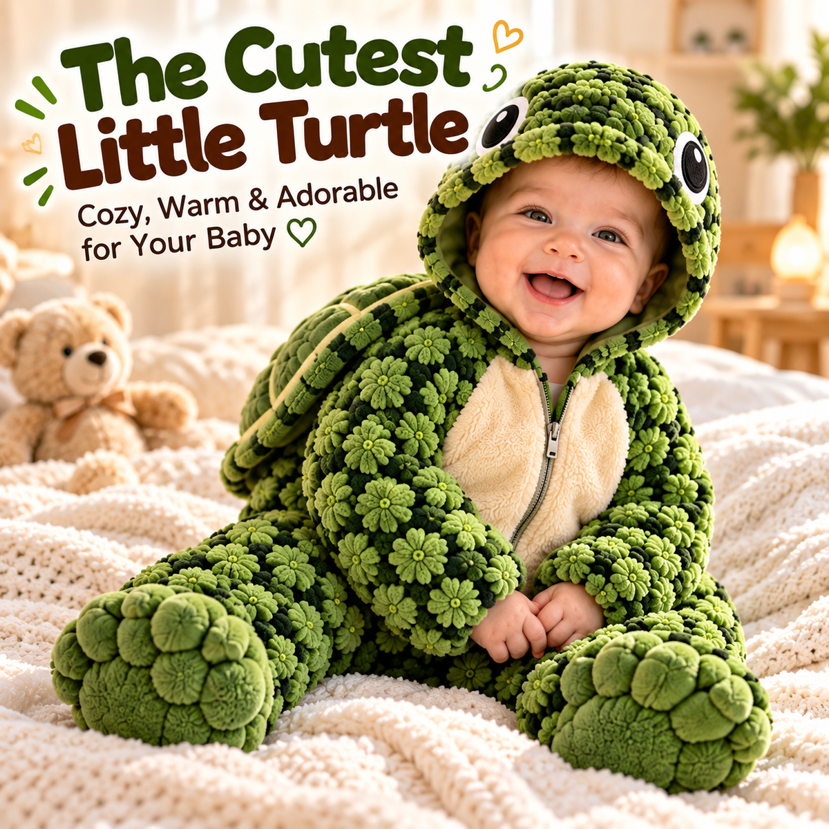 🐢 Little Turtle Plush 3D Shell Baby Onesie – Cute Hooded Cozy Romper