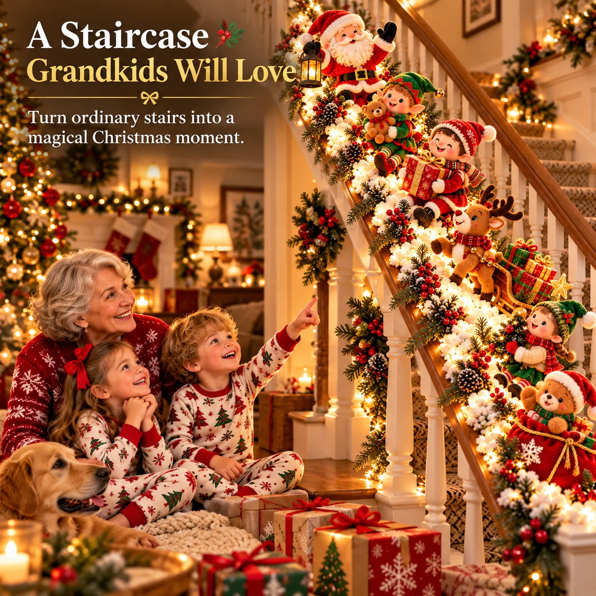 🎅 Santa’s Staircase Workshop – Lighted 6-Piece Christmas Stair Railing Decor 🎄