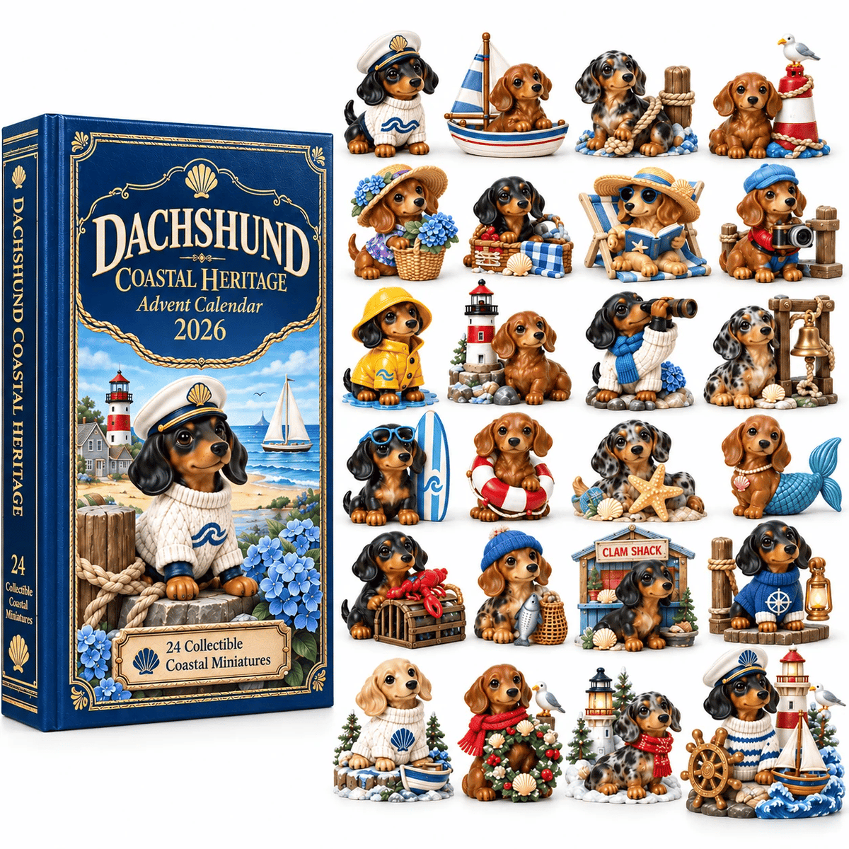 🐶 24 Days of Dachshund Coastal Christmas – Hand-Painted Miniature Dog Advent Calendar 🎄