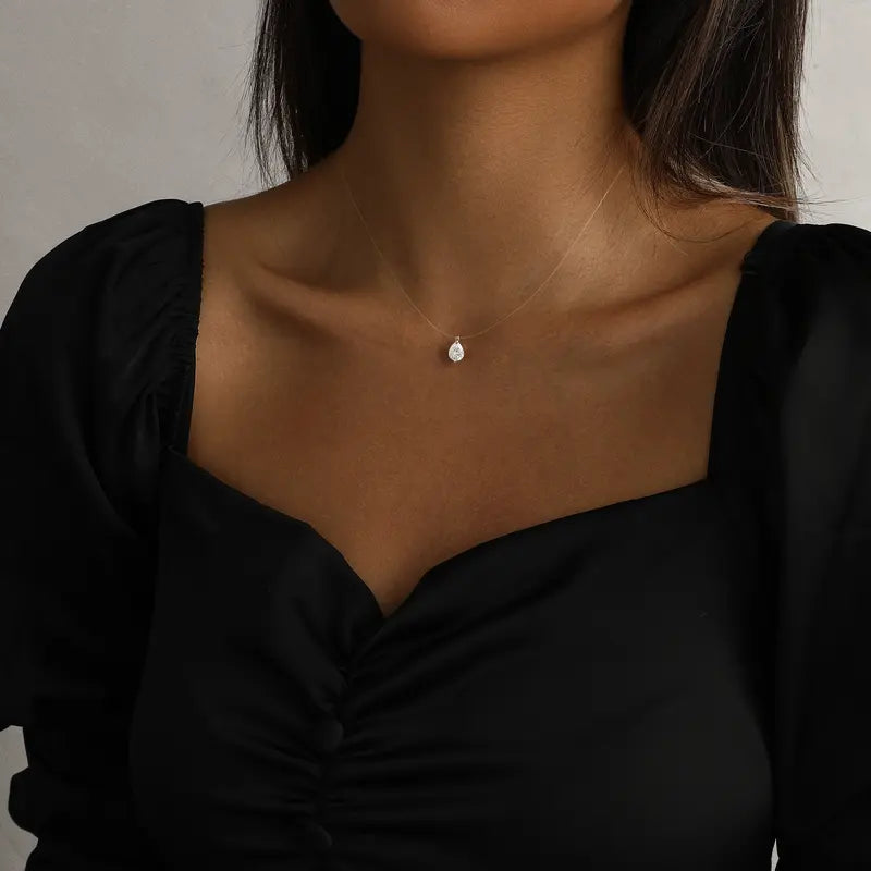 Women's Floating Cubic Zirconia Pendant Necklace on Invisible Transparent Cord