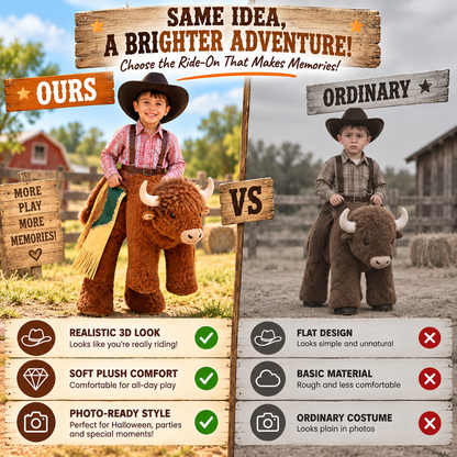 🤠 Kids Plush Ride-On Bison Costume – 3D Cowboy Halloween & Party Dress-Up