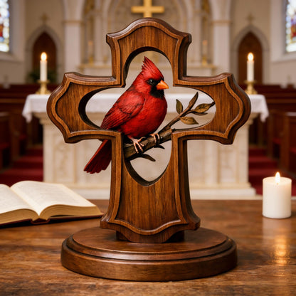 ❤️✝️Hand-carved Cardinal&Cross Christian Ornament