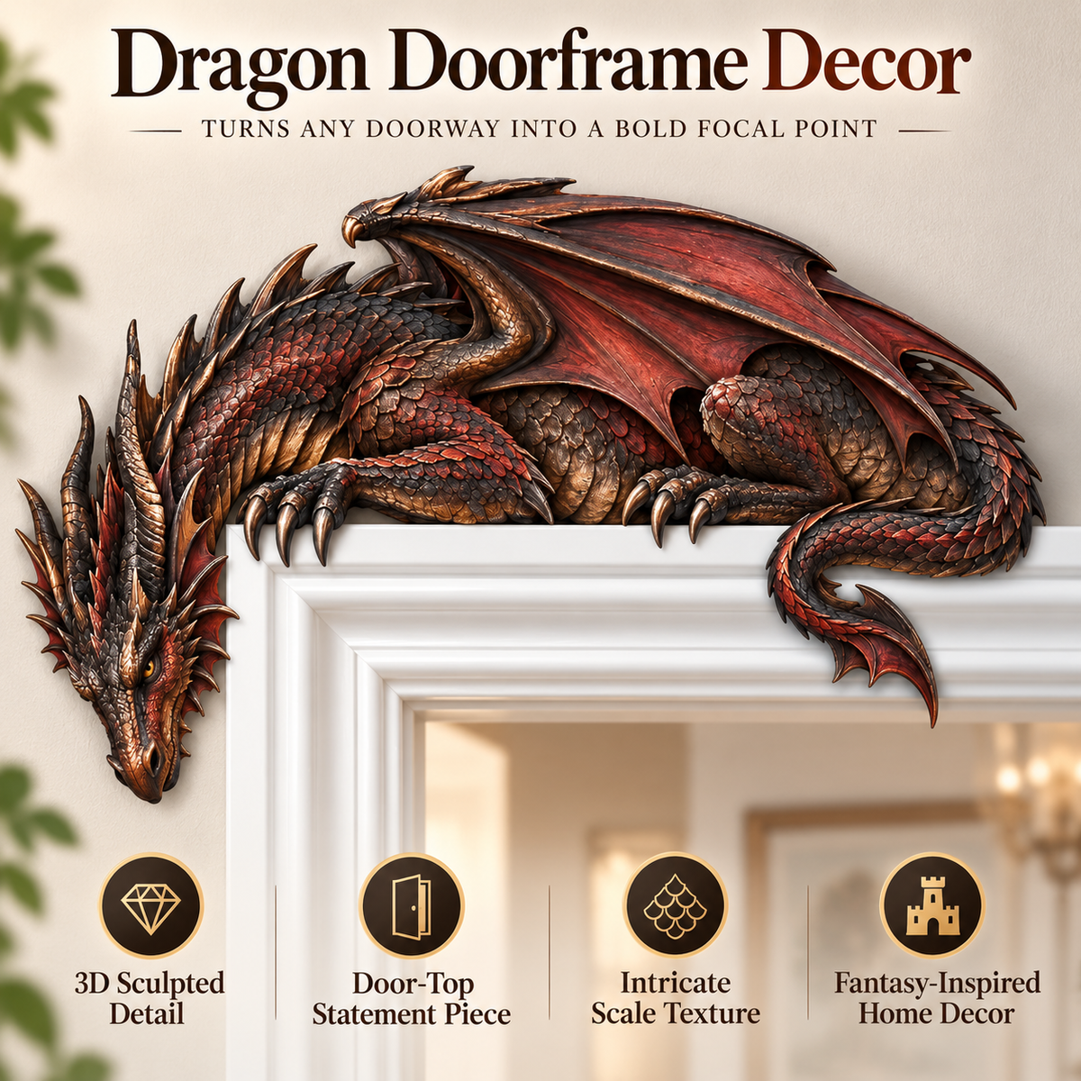 ⏳ Last Day 50% OFF – 🐉🔥 Sleeping Dragon Door Topper | Medieval Fantasy Dragon Guardian Wall Décor for Doorway, Gaming Room & Gothic Home 🏰✨