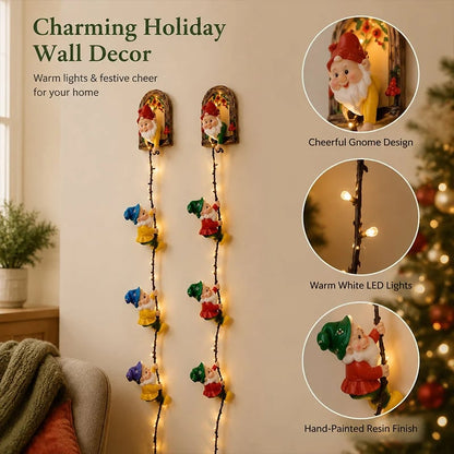 Handmade Climbing Gnome Christmas StringLights, Indoor OutdoorWall Hanging Holiday Decor