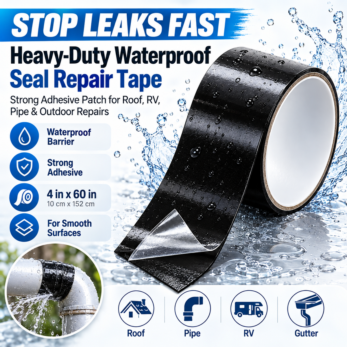 ✨Heavy-Duty Waterproof Seal Repair Tape – Strong Adhesive Leak Patch for Roof & RV