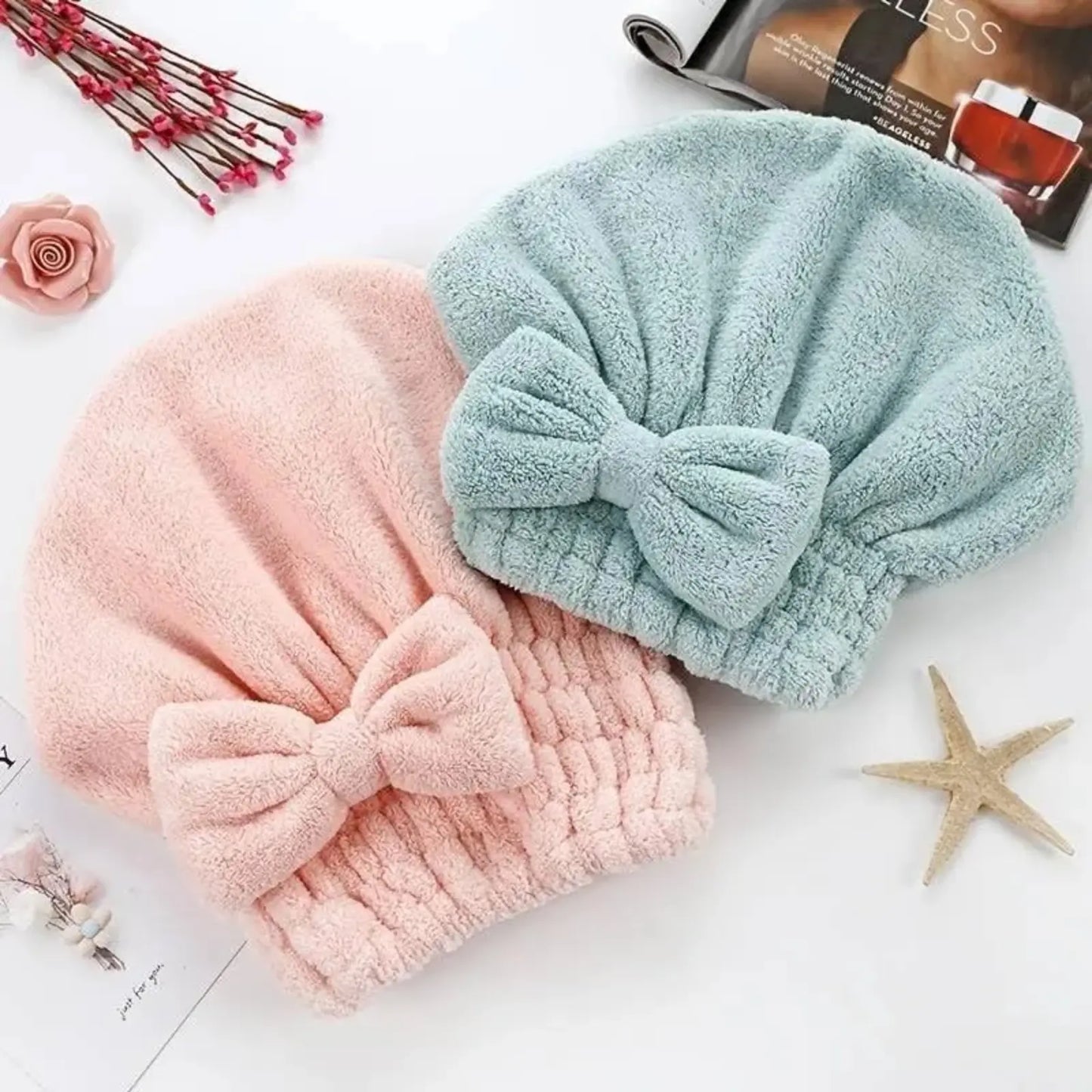 Women's Bow Decor Shower Caps & Hair Drying Cap Set, Soft Ultra-Absorbent Reusable Hair Towel Wrap, Camping & Bathroom Essential (Sports & Outdoor)