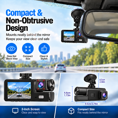 Upgraded 360° Protection Dash Cam: Triple-Lens 1080P Front • Cabin • Rear – Never Drive Blind Again! 🚗🛡️