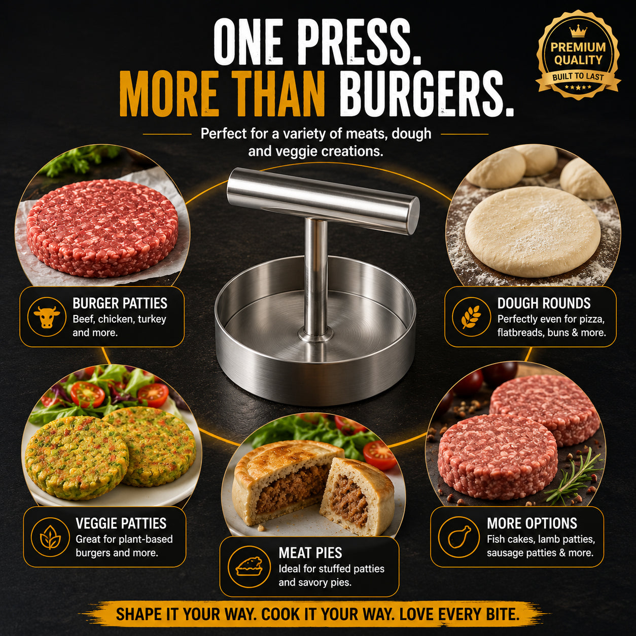 🍔 BBQ FAVORITE | Manual Burger Patty Press – Uniform Round Patties for Grilling, Meal Prep & Home Cooking
