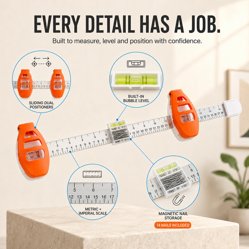 🔥 Limited-Time 49% OFF🖼️ All-in-One Picture Hanging Tool with Level & Dual Nail Positioners