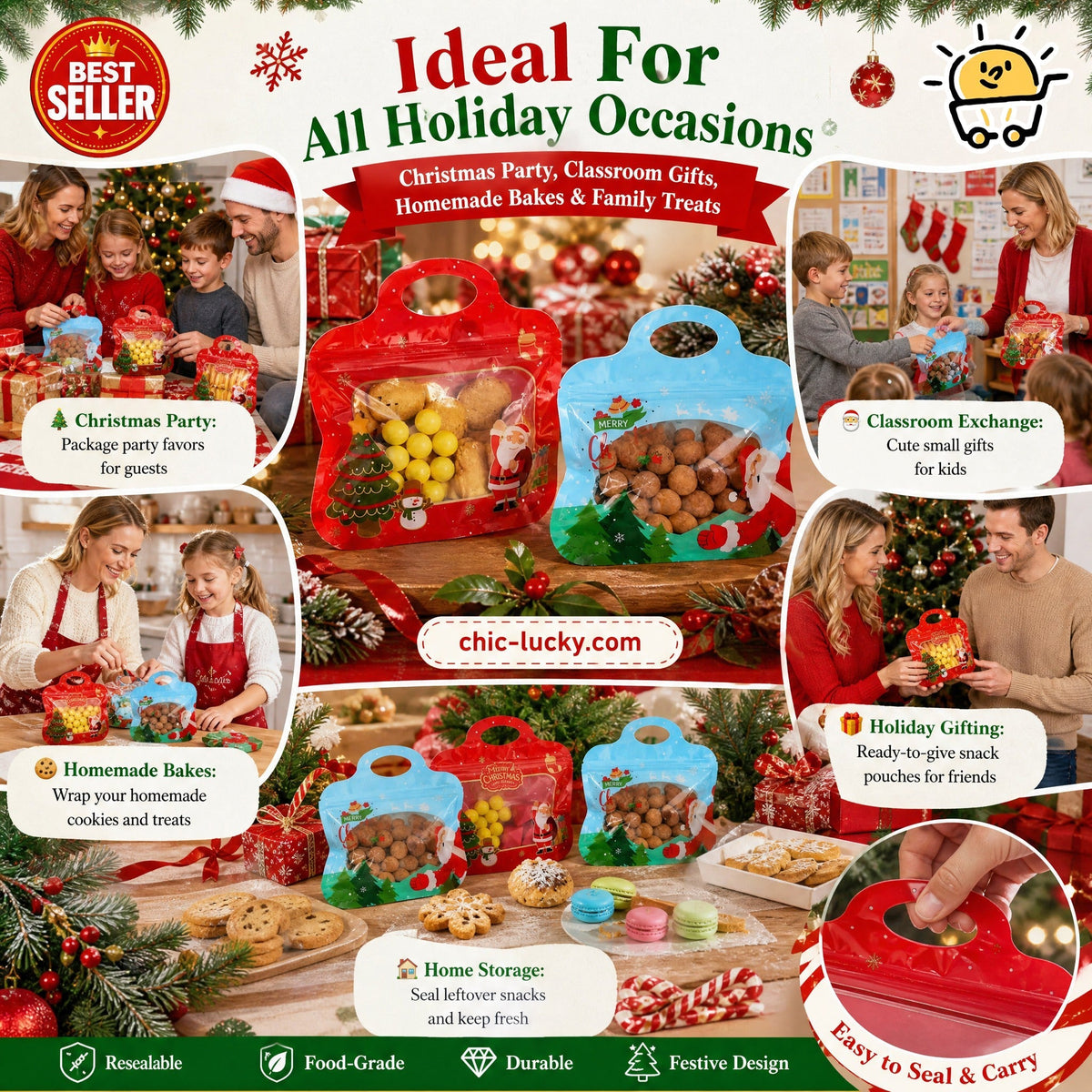 🎅LAST DAY SALE 60% OFF!!🎁Easy Fill, Easy Seal🎄 Festive Self-Seal Treat Bags – Santa & Snowman Print | Resealable, Food-Safe & Perfect for Cookies, Chocolates & Little Gifts⛄