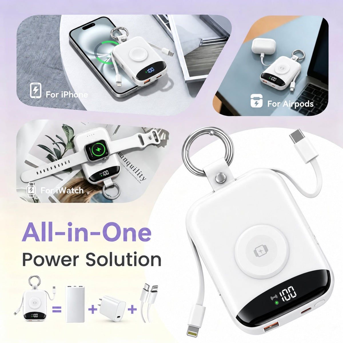 🔥10000mAh Portable Charger Power Bank with Built-in Cables Travel Keychain Battery Pack