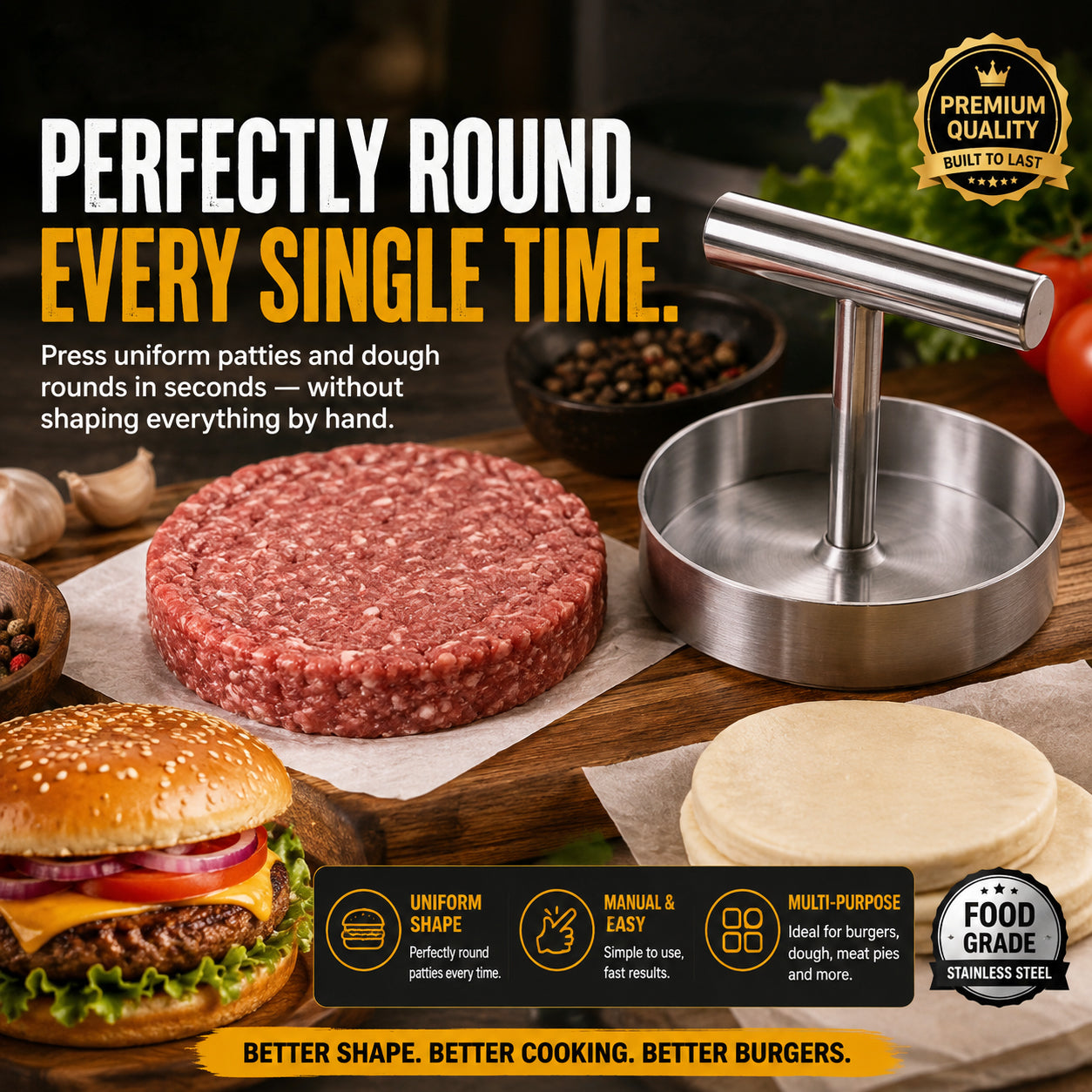 🍔 BBQ FAVORITE | Manual Burger Patty Press – Uniform Round Patties for Grilling, Meal Prep & Home Cooking