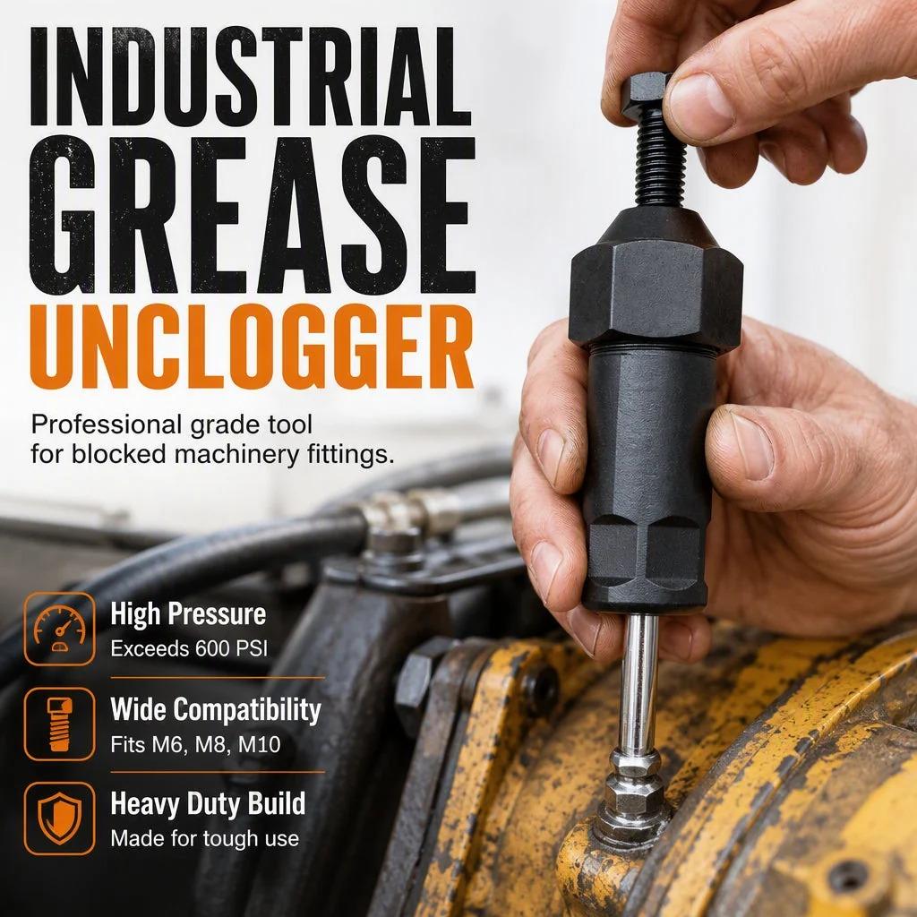 Heavy-Duty Grease Fitting Cleaner – 600 PSI High-Pressure Grease Gun Unclogging Tool with M6/M8/M10 Adapters