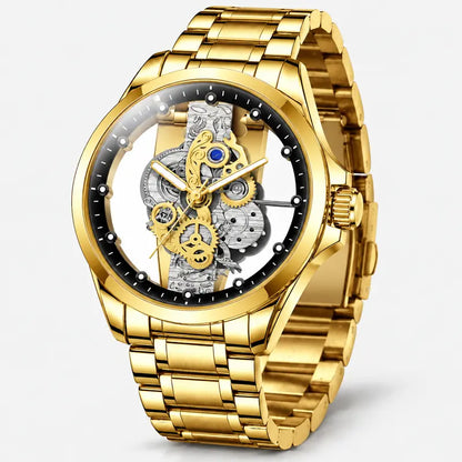 Men's Luxury Skeleton Dial Watch – Stainless Steel Bracelet, Elegant Gold Gear Design & 30M Water Resistant