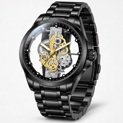 Men's Luxury Skeleton Dial Watch – Stainless Steel Bracelet, Elegant Gold Gear Design & 30M Water Resistant