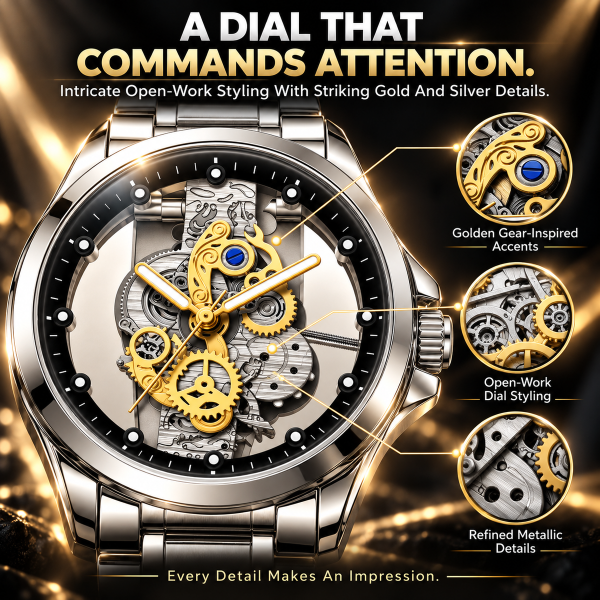 Men's Luxury Skeleton Dial Watch – Stainless Steel Bracelet, Elegant Gold Gear Design & 30M Water Resistant
