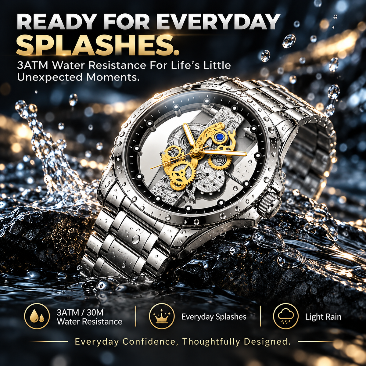 Men's Luxury Skeleton Dial Watch – Stainless Steel Bracelet, Elegant Gold Gear Design & 30M Water Resistant