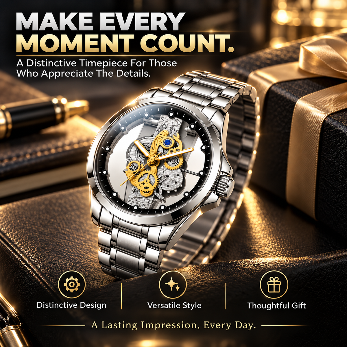 Men's Luxury Skeleton Dial Watch – Stainless Steel Bracelet, Elegant Gold Gear Design & 30M Water Resistant