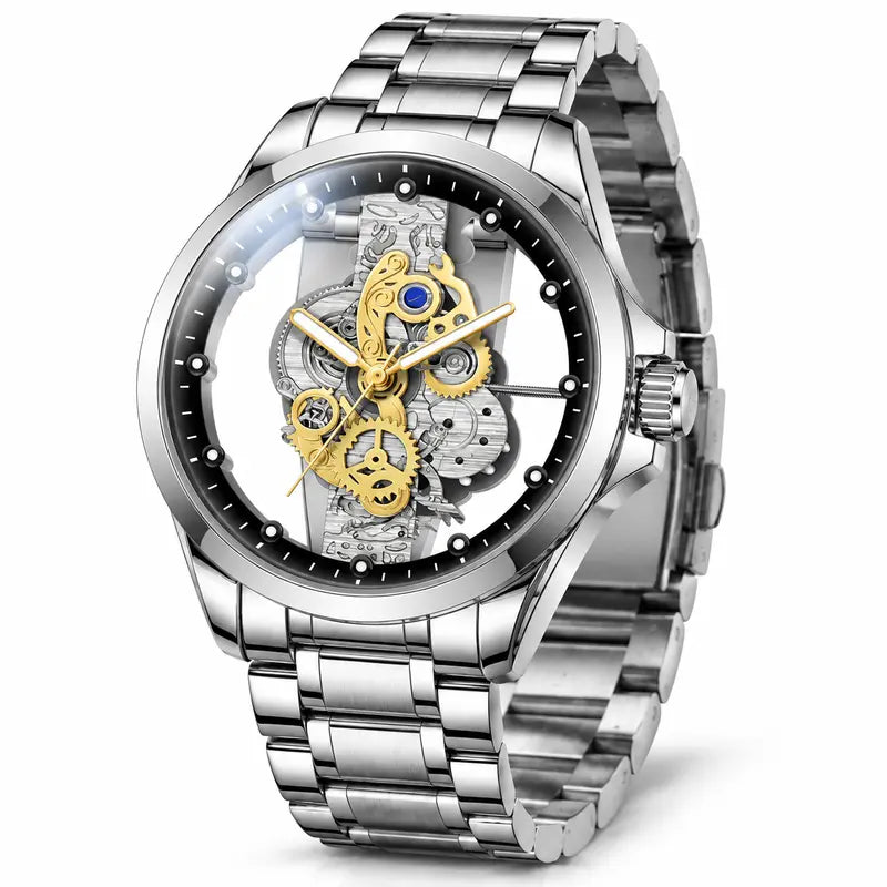 Men's Luxury Skeleton Dial Watch – Stainless Steel Bracelet, Elegant Gold Gear Design & 30M Water Resistant