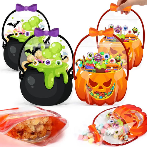 Halloween Goodie Bags Plastic Candy Bag Trick or Treat Bags with Cauldron Skeleton black Cat Skull Pumpkin Design