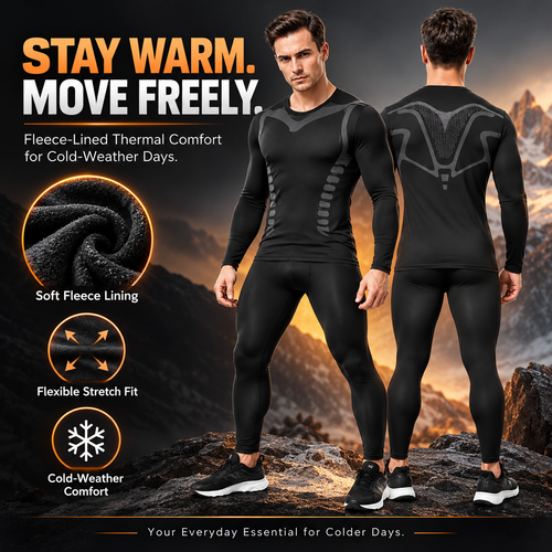 Men's Fleece-Lined Thermal Underwear Set – Warm Stretch Base Layer for Winter & Outdoor Activities