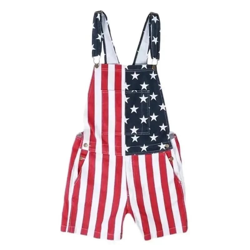 🇺🇸Men's and Women's American Flag Denim Overalls Stretch Shorts, Patriotic