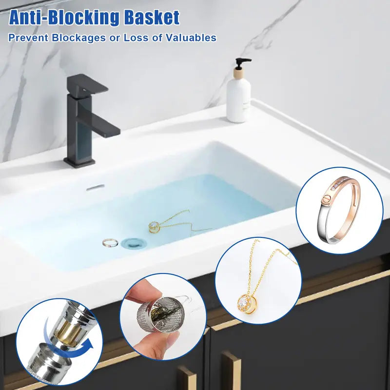 🚰✨ DrainGuard – 2-in-1 Pop-Up Sink Stopper & Stainless Steel Hair Catcher