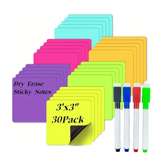 📝🧲30-Pack Reusable Magnetic Sticky Notes With Markers – Colorful Labels For Home & Office Organization📌💻