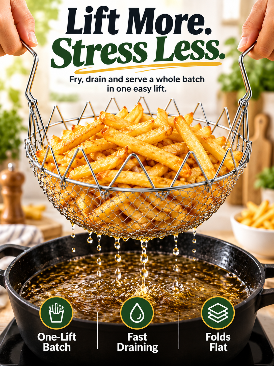 🍟 Foldable Easy-Lift Frying Basket – Fry, Lift & Drain in One Easy Move