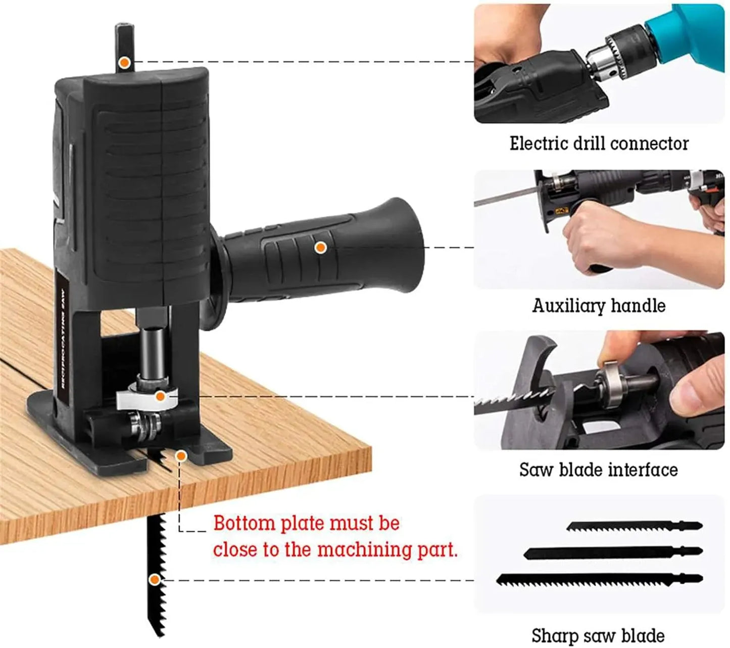 Drill-Powered Jigsaw Adapter Kit with Side Handle & 3 Blades