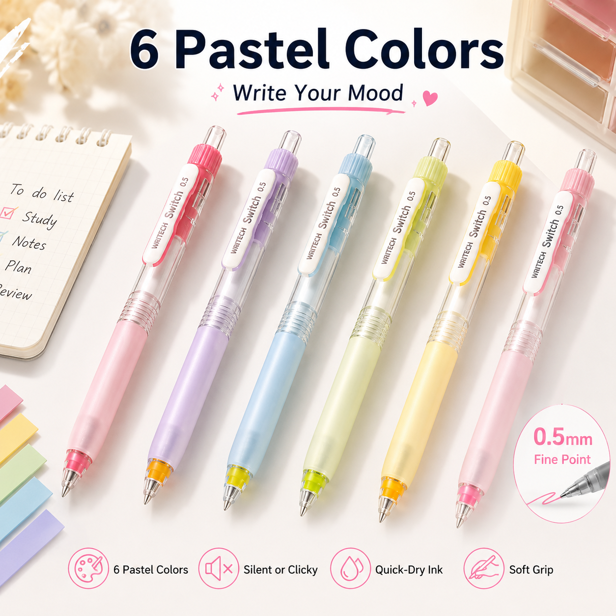 ✨ 6-Color Silent Switch Gel Pen Set | Twist Between Silent & Clicky | 0.5mm Quick-Dry Smooth Writing Pens