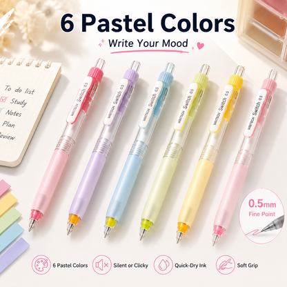 ✨ 6-Color Silent Switch Gel Pen Set | Twist Between Silent & Clicky | 0.5mm Quick-Dry Smooth Writing Pens