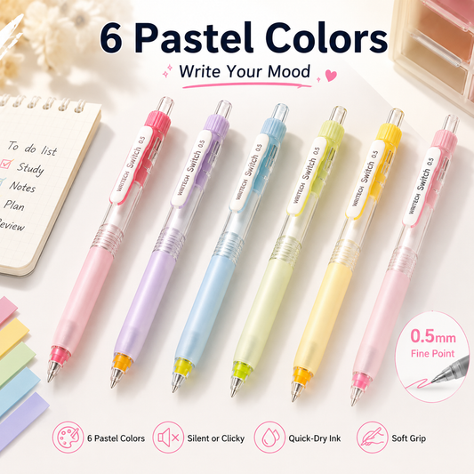 ✨ 6-Color Silent Switch Gel Pen Set | Twist Between Silent & Clicky | 0.5mm Quick-Dry Smooth Writing Pens