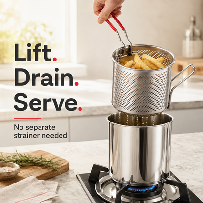 🍟SUMMER HOT SALE 55% OFF- Personal Mini Deep Fryer Set – Stainless Steel Pot with Lift-Out Draining Basket & Food Tongs
