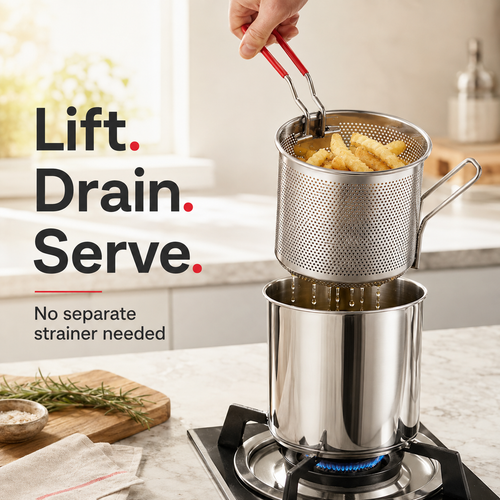 🍟SUMMER HOT SALE 55% OFF- Personal Mini Deep Fryer Set – Stainless Steel Pot with Lift-Out Draining Basket & Food Tongs