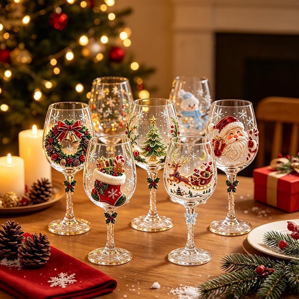 🎄✨ Christmas Clearance Sale! 🎅🥂 Christmas Wine Glass Gift Set of 6 – Beautiful Raised Designs for Holiday Toasts & Gifting