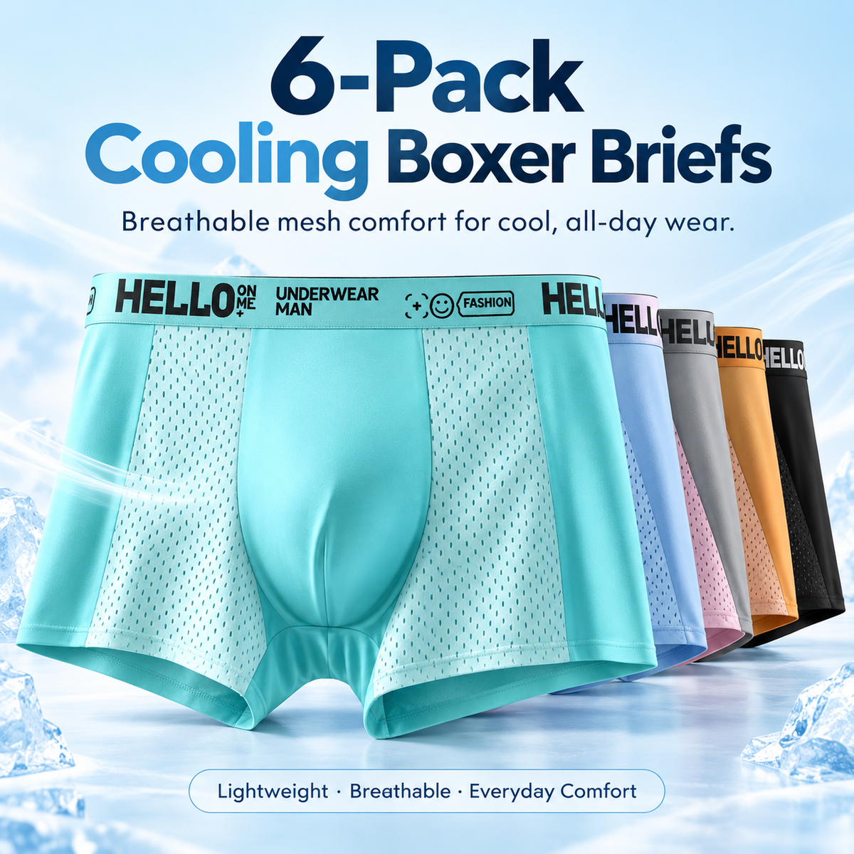 🧊 Men's Ice Silk Cooling Boxer Briefs 6-Pack | Breathable Mesh Comfort Underwear