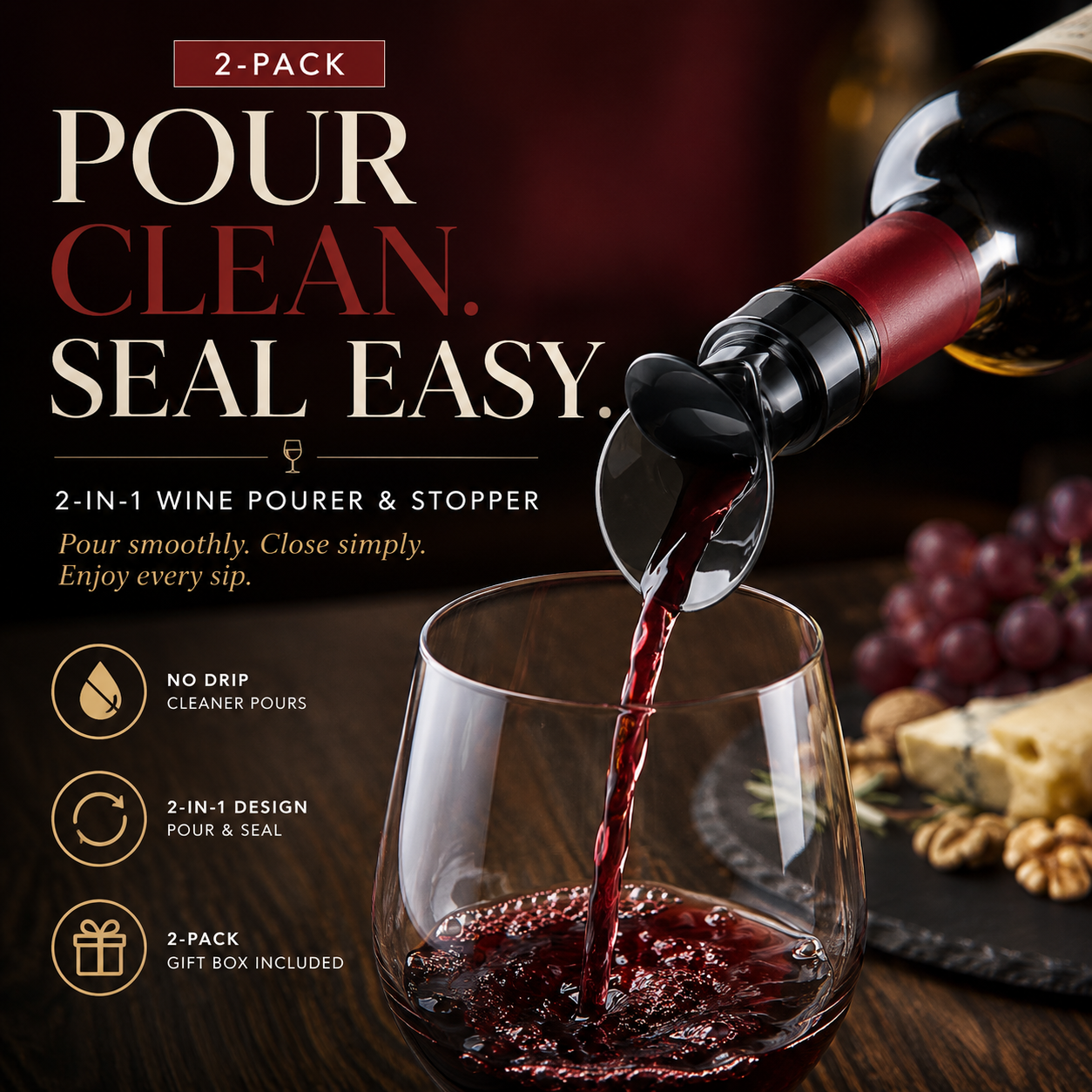 🍷2-in-1 Wine Pourer & Stopper – No-Drip Pour & Easy Seal