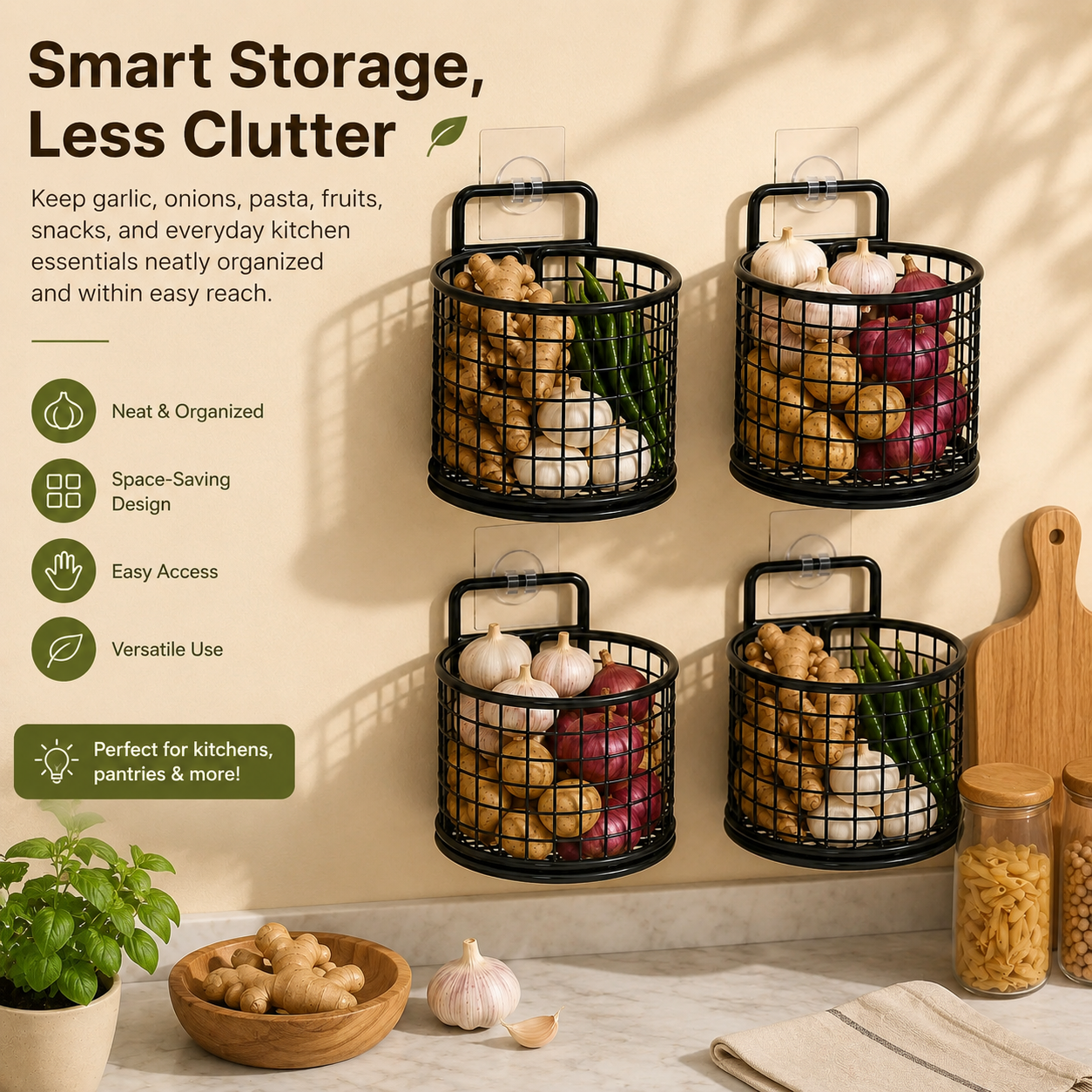 Wall-Mounted Metal Mesh Basket Rack – Space-Saving Kitchen Storage for Fruits, Veggies & Essentials 🧺✨
