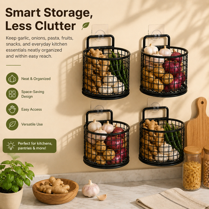 Wall-Mounted Metal Mesh Basket Rack – Space-Saving Kitchen Storage for Fruits, Veggies & Essentials 🧺✨