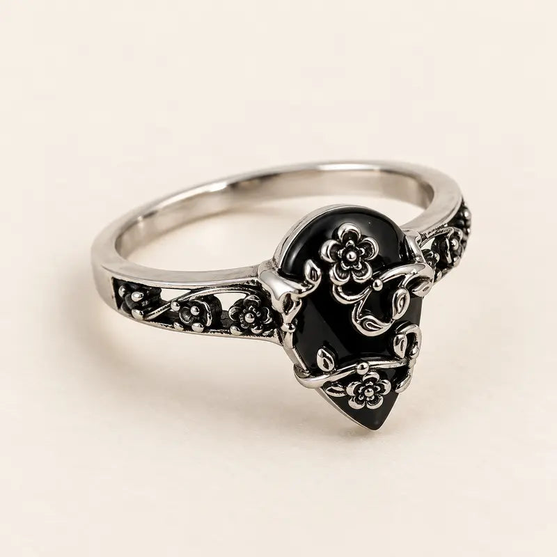925 Sterling Silver Synthetic Obsidian Ring with Vintage Flower Design