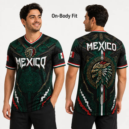 2026 New Mexico Eagle Warrior V-Neck Sports Jersey, Aztec Calendar Graphic Short Sleeve Shirt for Men, Green Black Soccer Fan Tee,summerwins