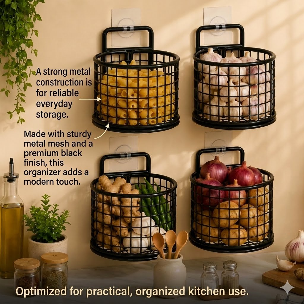 Wall-Mounted Metal Mesh Basket Rack – Space-Saving Kitchen Storage for Fruits, Veggies & Essentials 🧺✨