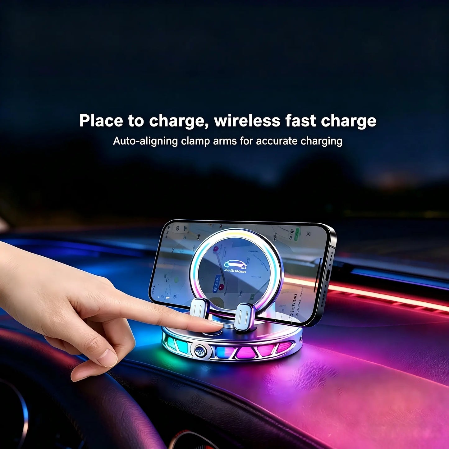 360° Rotating Wireless Charging Car Phone Mount with RGB Ambient Light
