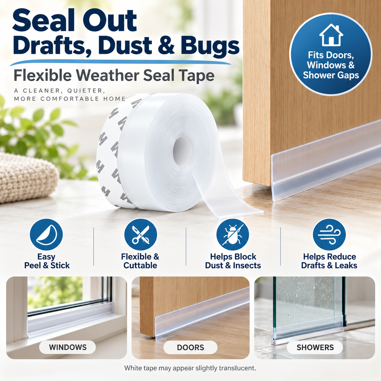 Adhesive Weather Stripping Tape – 32.8FT x 1.38" Door & Window Draught Excluder, Self-Adhesive Insulation & Sealing Strip