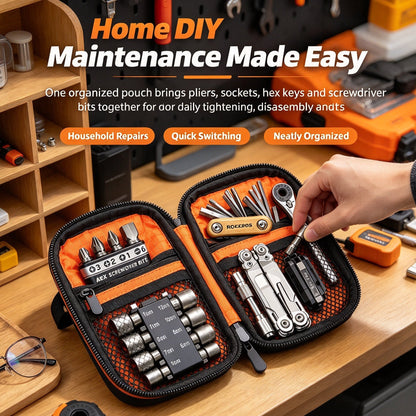 Portable EDC Repair Tool Kit, Multi-functional Hand Tool Set with Socket Wrench, Screwdriver Bits, Hex Keys & Multitool, Compact Zipper Storage Pouch