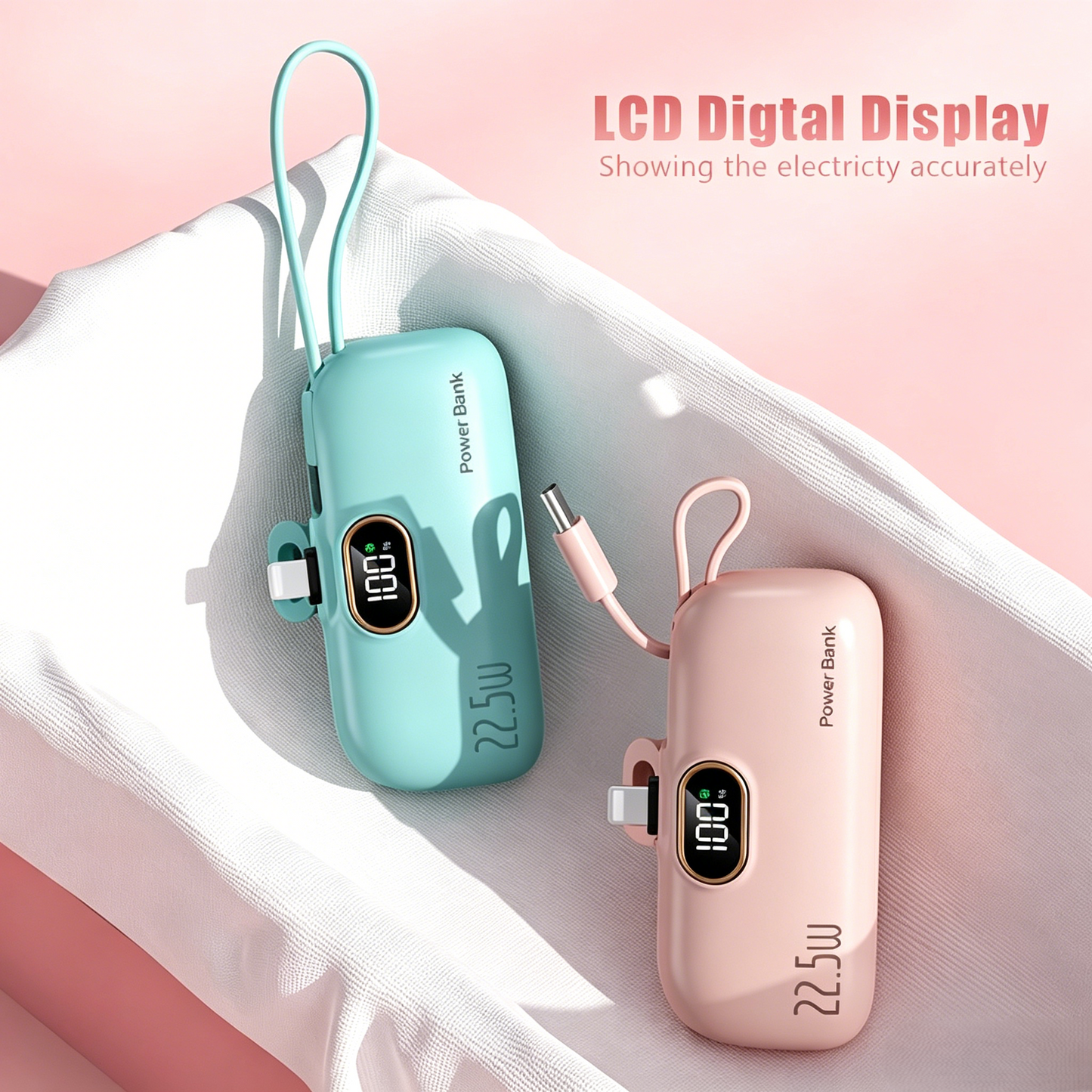5000mAh Mini Power Bank | 22.5W Fast Charge, Built-in Cable, Pocket-Sized for iPhone & Android-RH