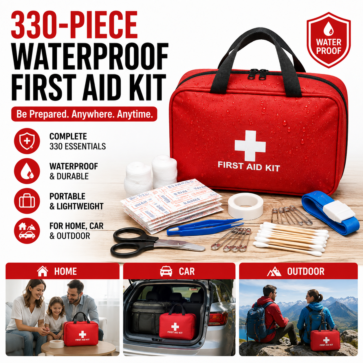 👩‍⚕️330-Piece Waterproof First Aid Kit for Home, Car & Outdoor Emergencies