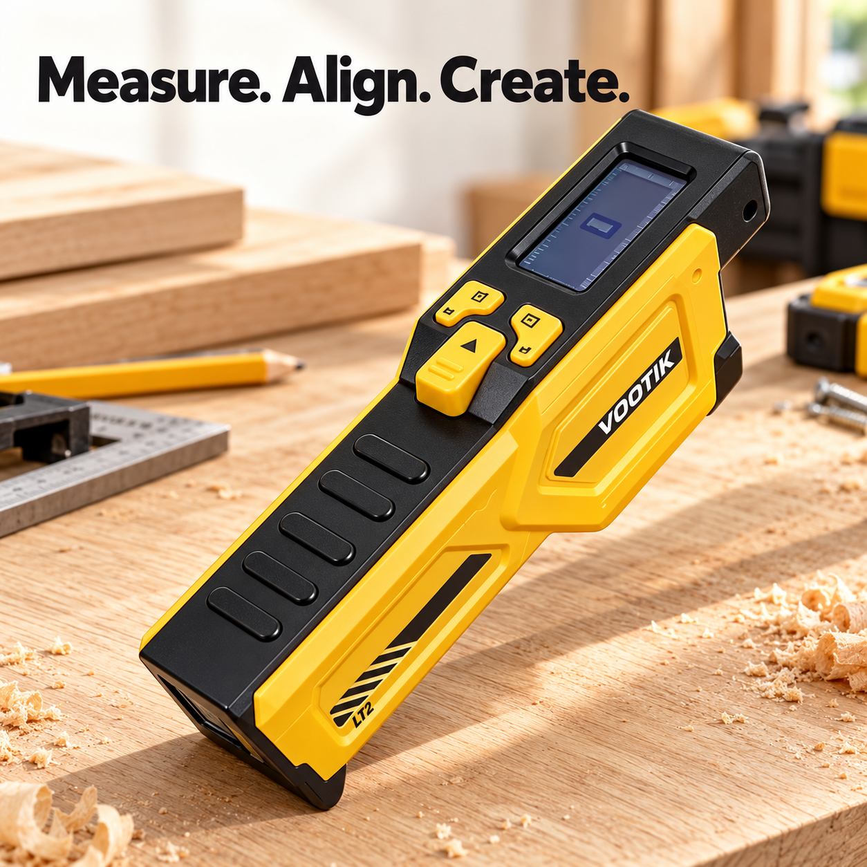 Digital tape measure on a woodworking bench